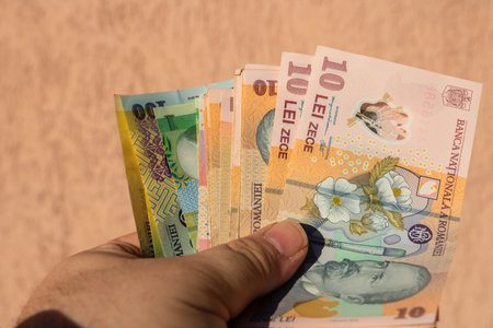 Man hand holding Romanian money banknotes, showing paper texture and symbols of Romanian LEI...