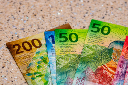 Close up detail of Swiss Franc banknotes representing economy and inflation in Switzerland