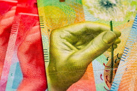 Close up detail of Swiss Franc banknotes representing economy and inflation in Switzerland