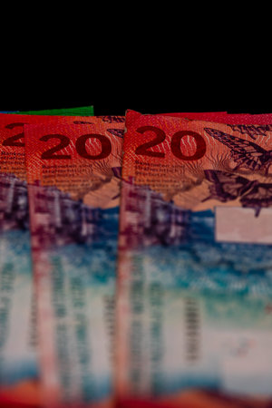 Close up detail of Swiss Franc banknotes representing economy and inflation in Switzerlandの写真素材