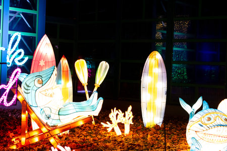 Small World illuminated art at Garden of Lights in Bucharest, Romania. Illuminated art installation...