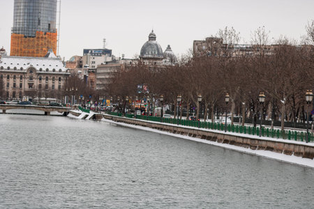 Morning traffic congestion with cars on snowy roads in Bucharest Romania during winterのeditorial素材