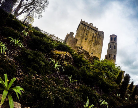 Historic medieval fortress of Blarney castle near the city of Cork Ireland surrounded by green gardensの写真素材
