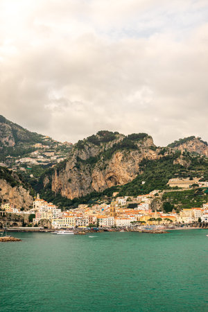 Historic town of Amalfi Italy with main cathedral and colorful old buildings on the cliffs of the Amalfi Coastの写真素材