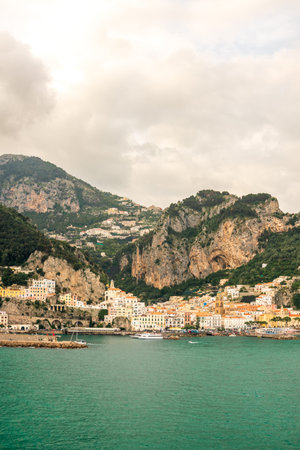 Historic town of Amalfi Italy with main cathedral and colorful old buildings on the cliffs of the Amalfi Coastの写真素材