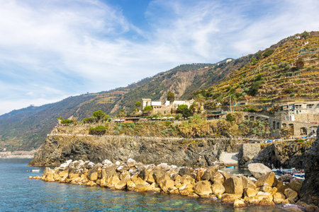 Beautiful cliffside of Cinque Terre and Amalfi Coast in Italy viewed from the sea