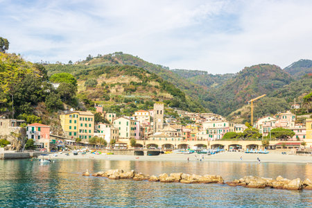 Beautiful cliffside of Cinque Terre in Italy viewed from the seaの写真素材