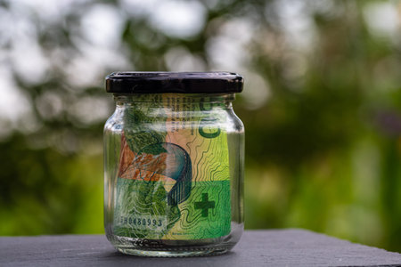Swiss franc CHF banknote saving money in glass jar. Consumption and economy. Business, tips,...