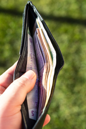 Man hand holding a wallet with Romanian LEI banknotes showing paper texture and symbols of Romanian...