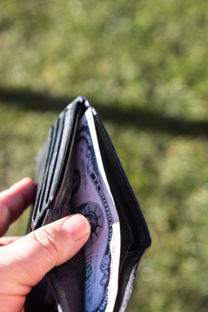Man hand holding a wallet with 1 Million Dollar Bill showing paper texture and symbols