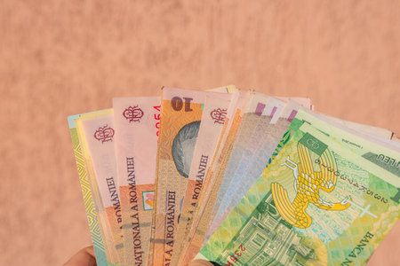Man hand holding Romanian money banknotes, showing paper texture and symbols of Romanian LEI...