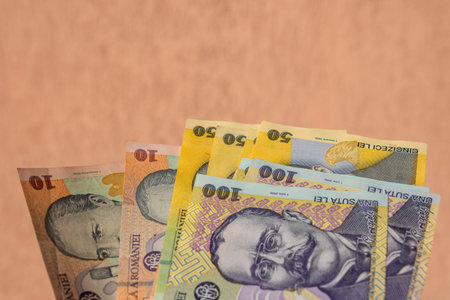 Man hand holding Romanian money banknotes, showing paper texture and symbols of Romanian LEI...