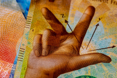 Close up detail of Swiss Franc banknotes representing economy and inflation in Switzerlandの写真素材