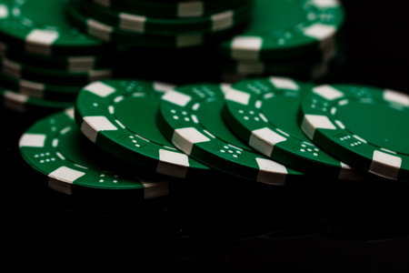 Detail of poker chips used for betting and wagering in a game of chance