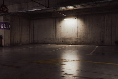 Empty underground garage. Empty parking lot with overhead dim lightの写真素材