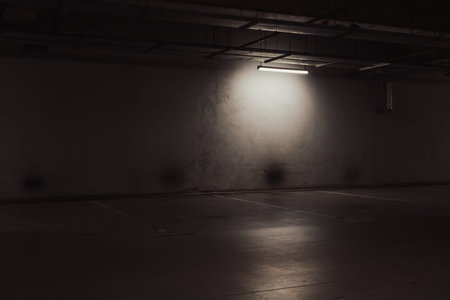 Empty underground garage. Empty parking lot with overhead dim lightの写真素材