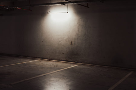 Empty underground garage. Empty parking lot with overhead dim lightの写真素材