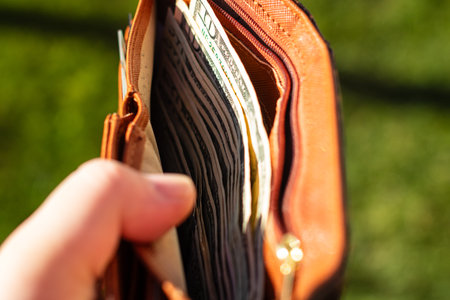Man hand holding a wallet with United States Dollar banknotes showing paper texture and symbols of...