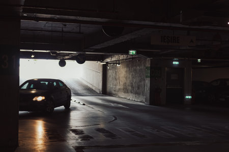 Empty underground garage. Empty parking lot with overhead dim light