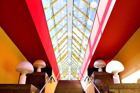 Marble staircase with a steel handrail in a modern buildingの写真素材