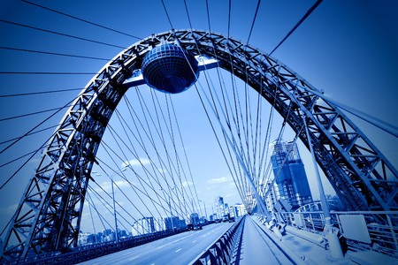 Vivid red suspension bridgeの写真素材