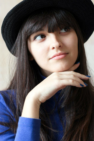 cute pretty woman in pensivenessの写真素材