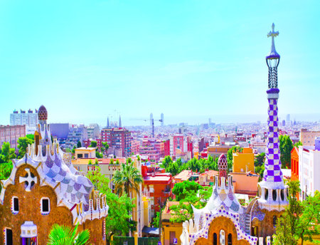 The Famous Summer Park Guell over bright blue sky in Barcelona, Spainのeditorial素材