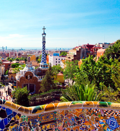The Famous Summer Park Guell over bright blue sky in Barcelona, Spainのeditorial素材