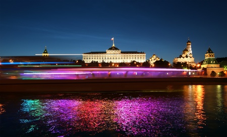 night view of the Moskva River  and Kremlin, Russia, Moscowの写真素材