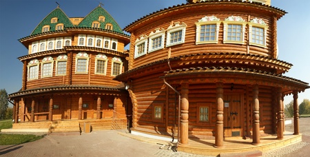 Wooden palace in Kolomenskoe (panorama). Reconstruction of the building 17 century, Moscow, Russiaのeditorial素材