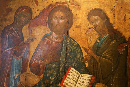 Island Corfu, Paleokastritsa, a man's monastery of 13 centuries «Life-giving Source». Ancient icon in a monastery museum.のeditorial素材