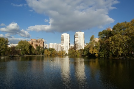 autumn landscape with a pond, Vorontsov Park, Moscow, Russiaの写真素材