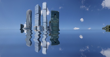 Panorama of skyscrapers in the background of the blue cloudless sky with reflection in the blue waterの写真素材