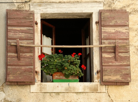 Window of an apartment house with flowers on the windowsill, Porec, Istria, Croatiaの写真素材