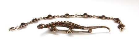 Jewelery - lizard figurine made of metal with natural grenades, isolationの写真素材