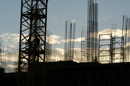 The silhouettes of construction workers, construction equipment and elements of a building under...