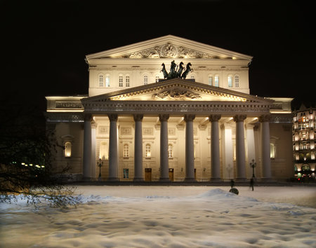 Bolshoi Theatre (Large, Great or Grand Theatre, also spelled Bolshoy) at night, Moscow, Russia