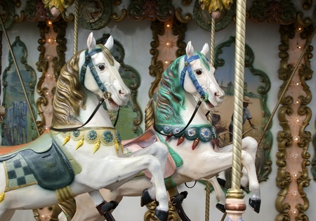 Two horses carousel child closeup, Montreux, Switzerlandの写真素材