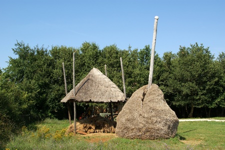 Rural landscape, farm yard with a haystackの写真素材
