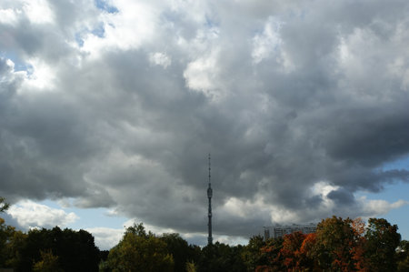 Moscow, Ostankinsky television tower against clouds and the blue skyの写真素材