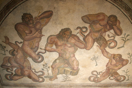 Mosaic fragment Roman Villa Romana del Casale, Sicily. UNESCO World Heritage Site. The first...