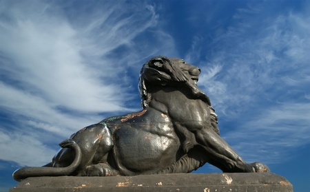 Sculpture of a lion near Chistopher Columbus monument in Barcelona, Spainの写真素材