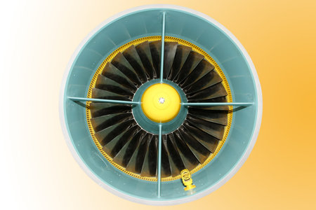 Closeup of a jet turbine. Blades of the airplane turbine 