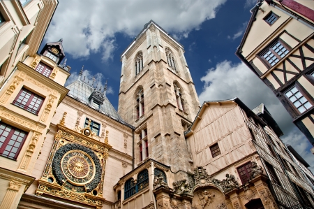 Clock in the Rue du Gros-Horloge, Rouen, Haute-Normandy, Franceの写真素材