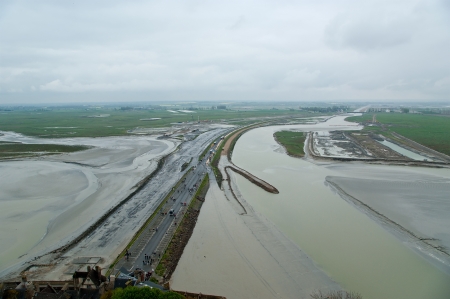 View from Mont Saint-Michel, Normandy, France--one of the most visited tourist sites in France. Designated as one of the first   Sites in 1979, the site has variously been a stronghold, monastery, prison and historic monument since 1874のeditorial素材
