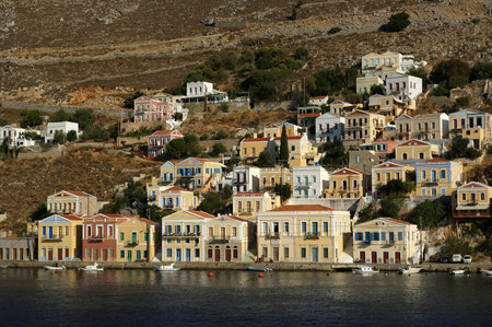 Symi village on island of Symi near island of Rhodes (Greece). Typical greek houses