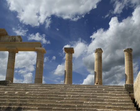 Partially rebuilt temple of Athena Lindia at the Acropolis of Lindos, Rhodes island, Greeceの写真素材