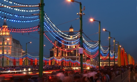 Victory Day decoration of the bridge near the Red Square, Taken 9 May 2013 in Moscow, Russiaのeditorial素材