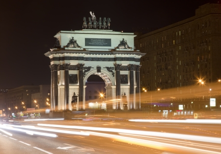 Moscow city triumphal arch in night. Moscow, Russiaの写真素材