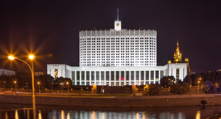 House of Government in Moscow, Russia, at night. Inscription on the facade means "House of the Government of the Russian Federation"の写真素材